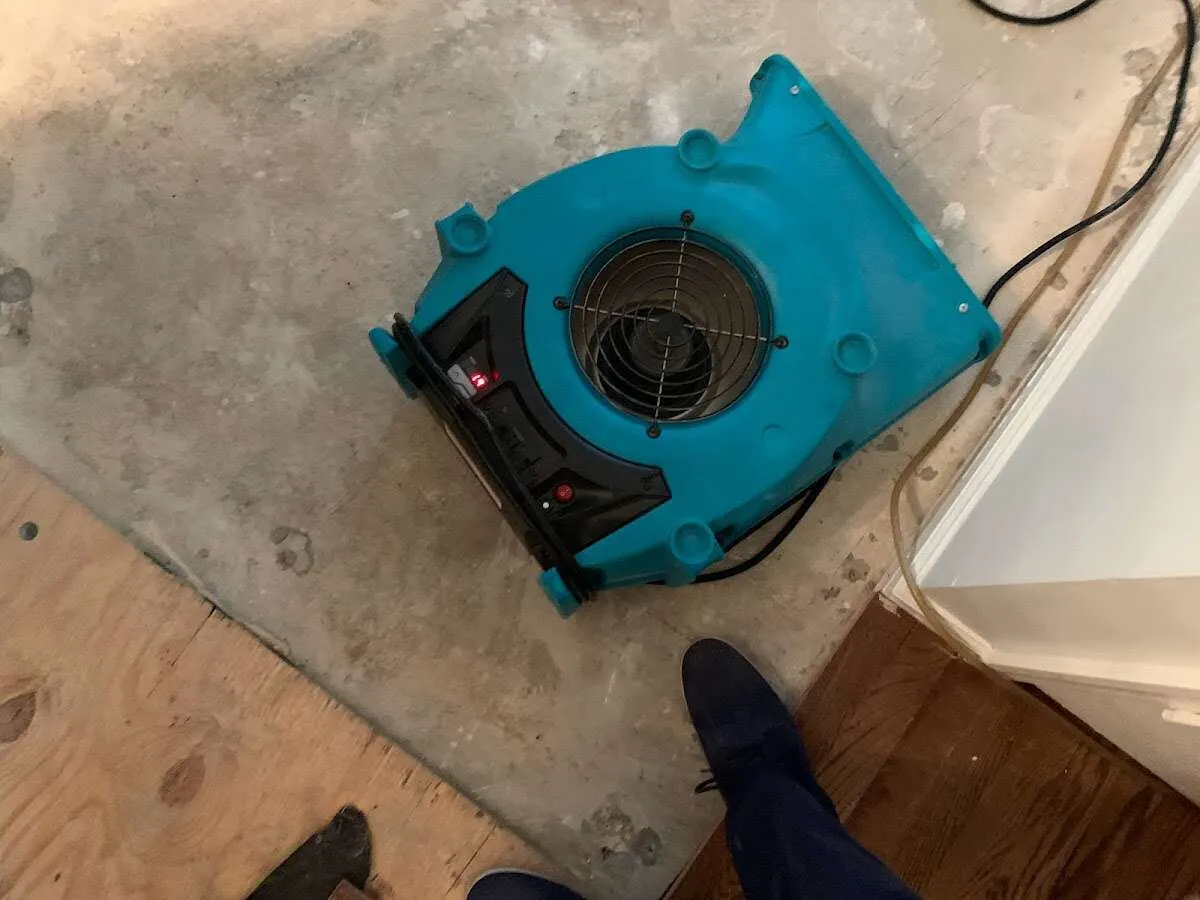 Air mover drying subfloor during Commercial Water Damage Restoration in North Fort Lewis